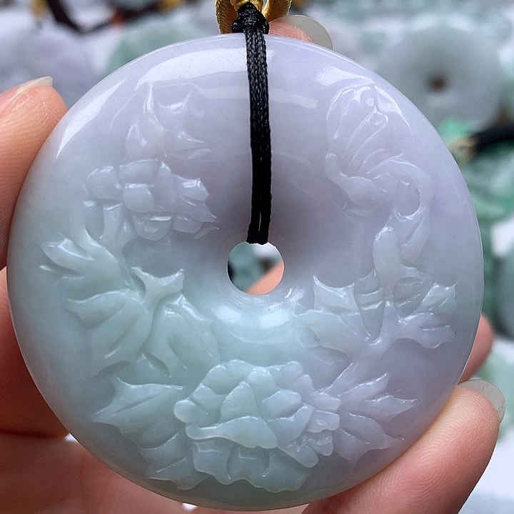 翡翠未镶嵌颈饰花开富贵平安扣两面工艺福利