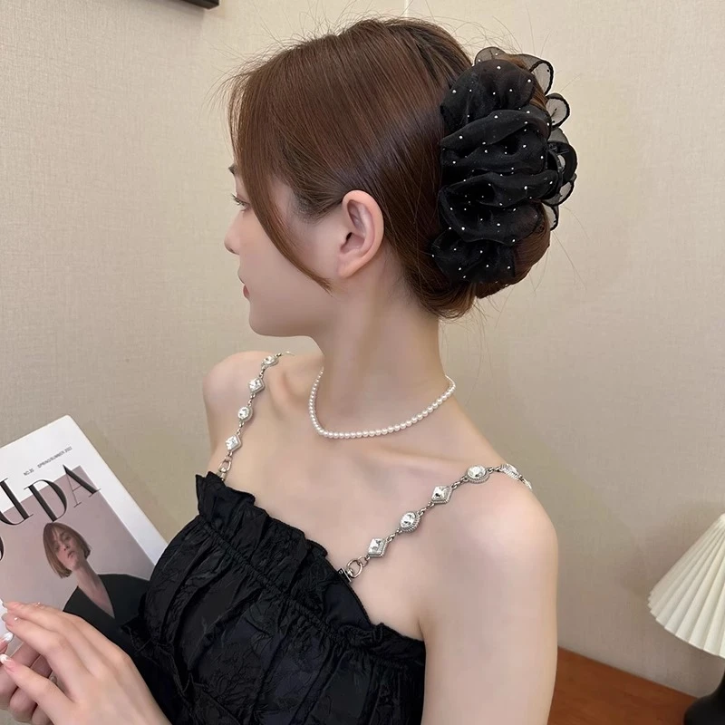 蓬松云朵泡泡抓夹女2025新款气质发夹网纱后脑勺鲨鱼夹头饰