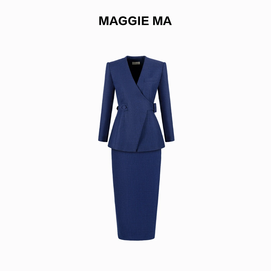 MAGGIE MA马婧设计师款蓝色沉稳贵气利落剪裁套装裙430C/448B