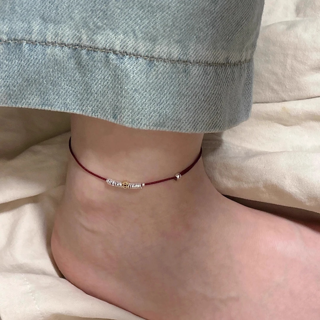 铜合金布艺脚链 新中式钱币盘缠红绳脚链小众精致抽拉式调节脚环