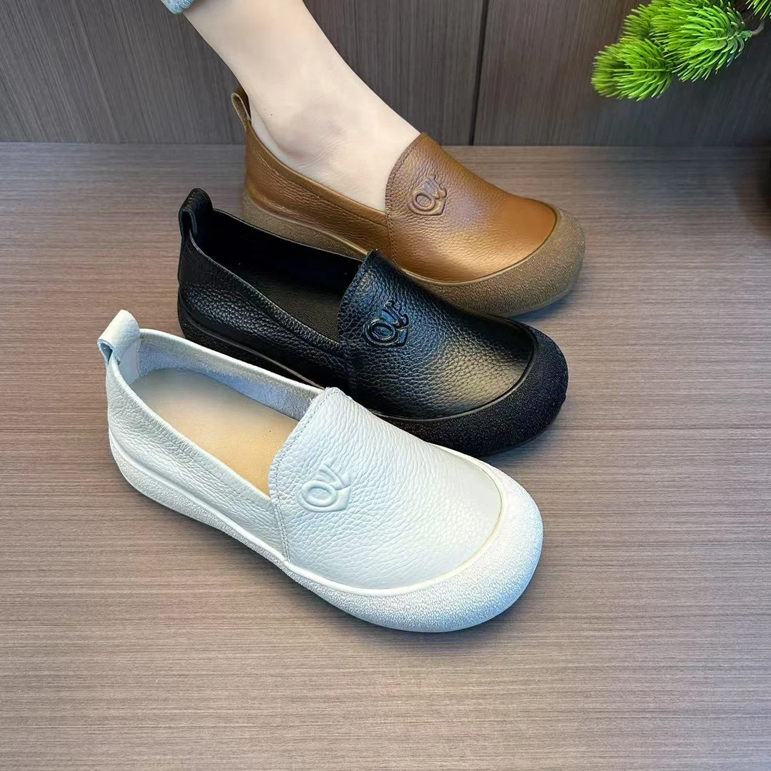 头层牛皮女士时尚休闲单鞋真皮舒适一脚蹬春秋单鞋平底防滑妈妈鞋