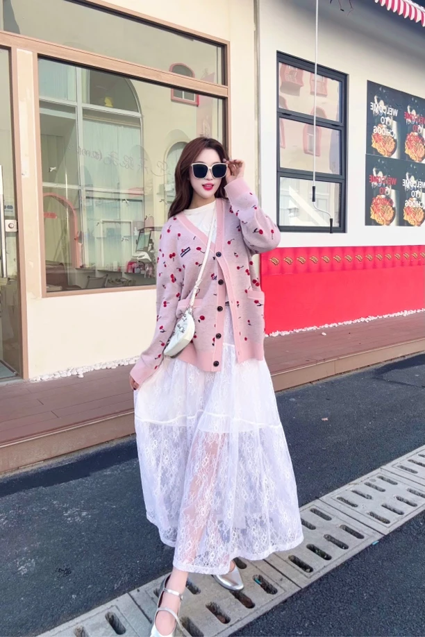 WIWH上衣｜少女风减龄感樱桃图案针织开衫WHZE1E161