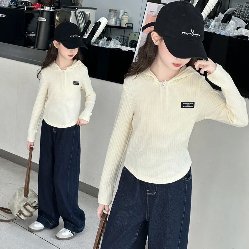 女童春秋时尚连帽休闲套装中大儿童洋气女孩宽松休闲直筒牛仔裤潮