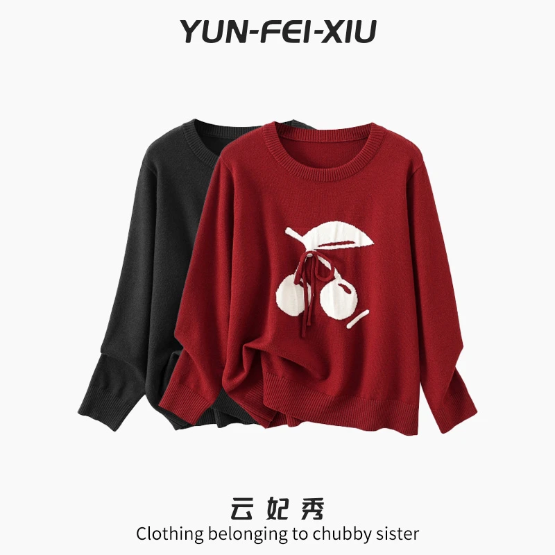 云妃秀大码女装针织衫圆领图案百搭通勤时尚气质微胖显瘦夏85526