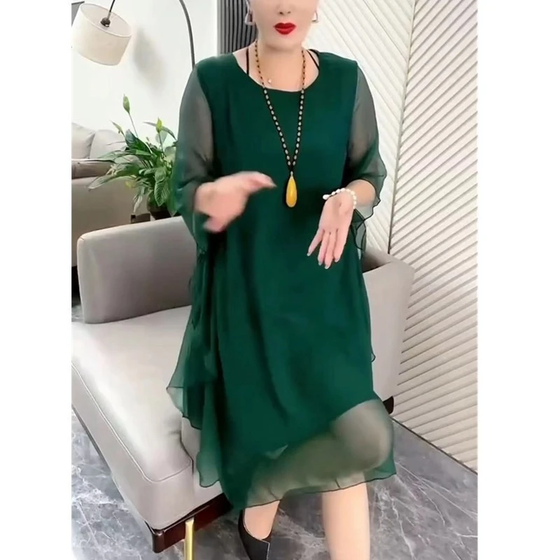 大爱美依缘2025时尚纯色宽松连衣裙女夏季新款荷叶边中袖女裙