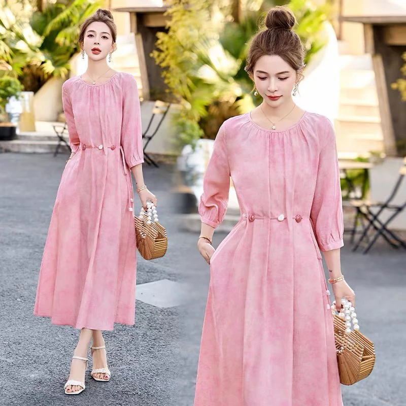 高级感串珠系带收腰连衣裙女2025夏季新款法式超好看中长款A字裙