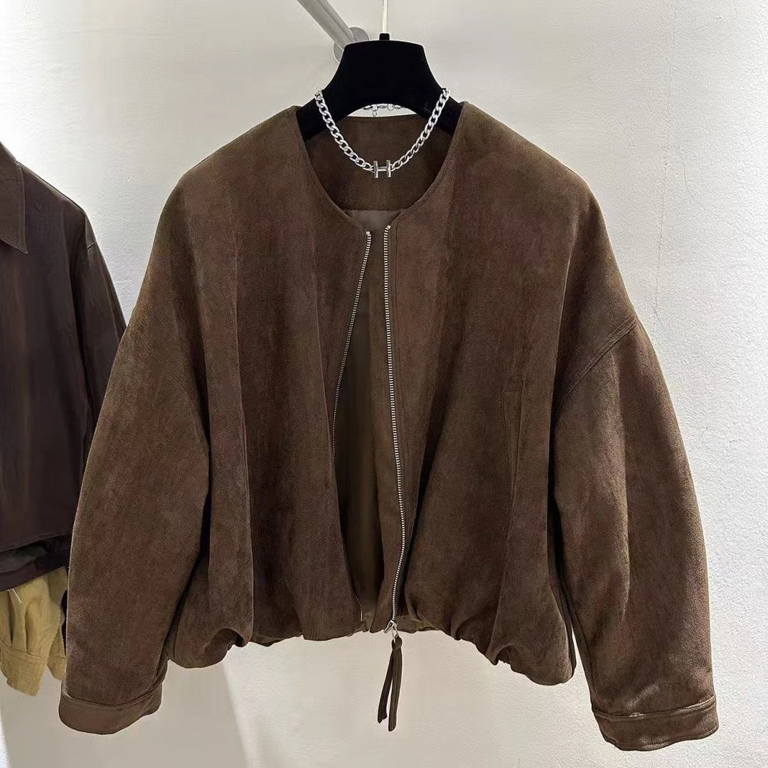 咖色复古麂皮绒短款外套秋新款韩系小个子气质休闲圆领上衣