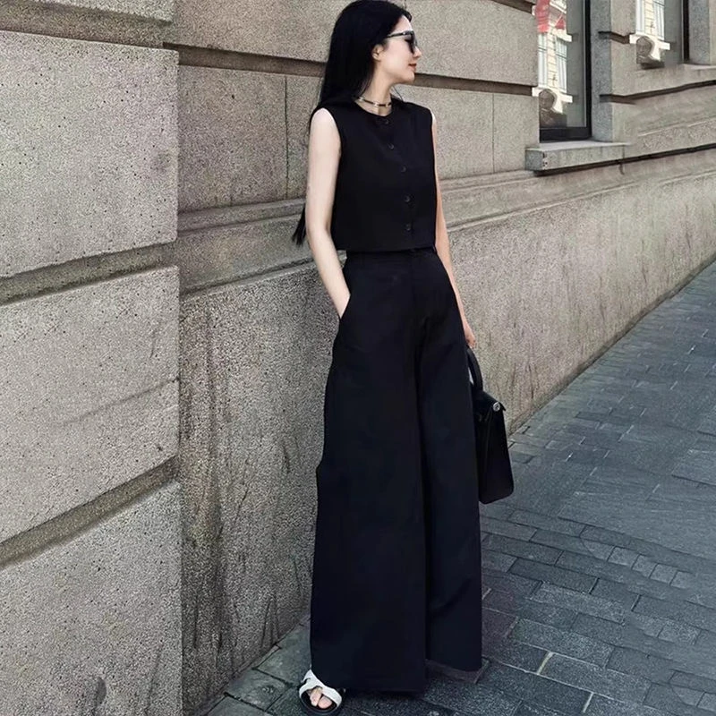 2025夏季韩系穿搭一整套大码胖休闲坎袖上衣宽松显瘦百搭阔腿裤