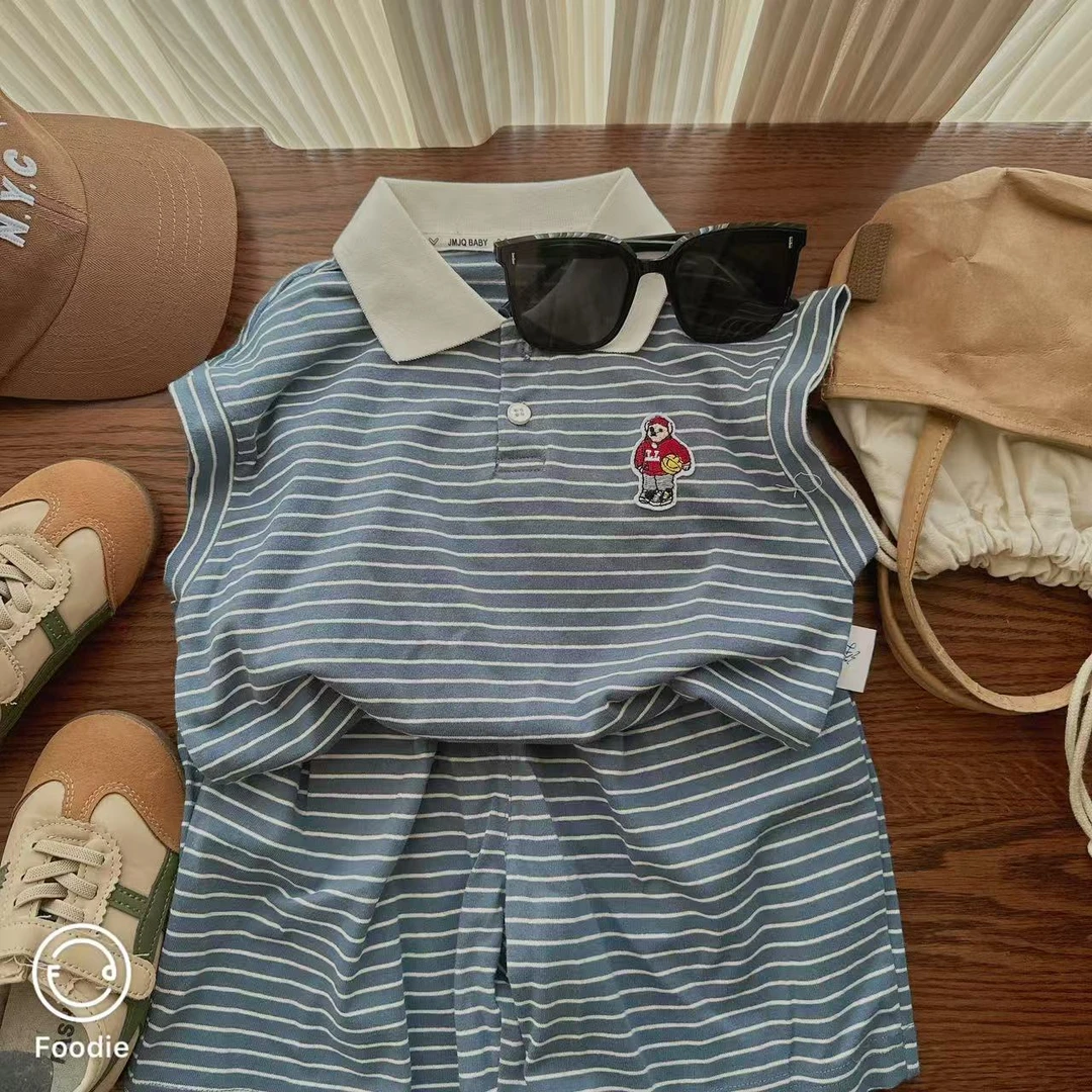 【JMJQ 25390】夏季新款韩版开学季翻领无袖短裤条纹户外休闲套装