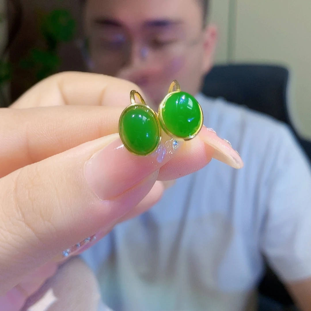 银S925镀金镶嵌和田玉（碧玉）耳饰