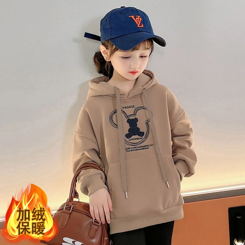 女童春秋款加绒加厚连帽卫衣2025新款中大童洋气儿童秋季炸街上衣