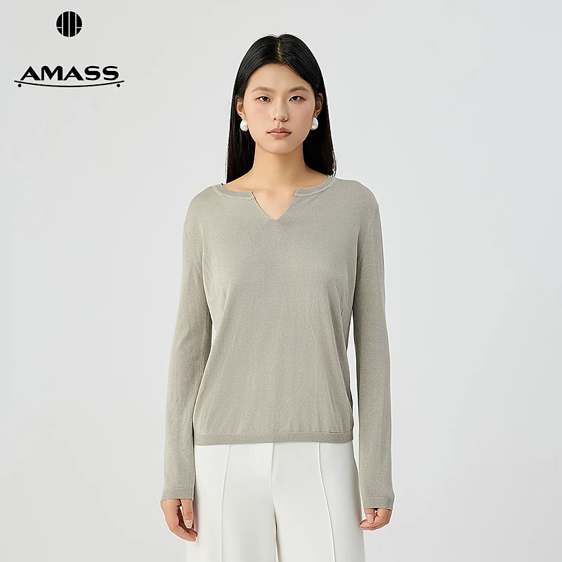 阿玛施AMASS 女装新款慵懒感休闲细闪小v领长袖上衣针织衫538029