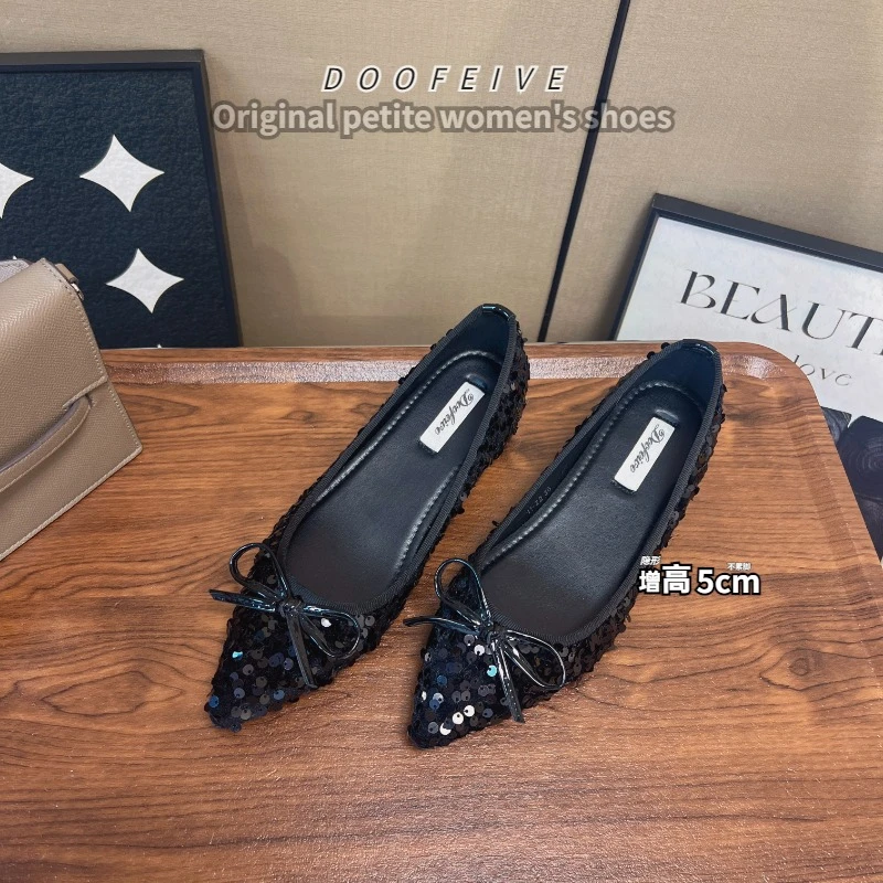 朵菲雯DOOFEIVE~聚会焦点闪闪亮片精致小尖头浅口软底蝴蝶结单鞋