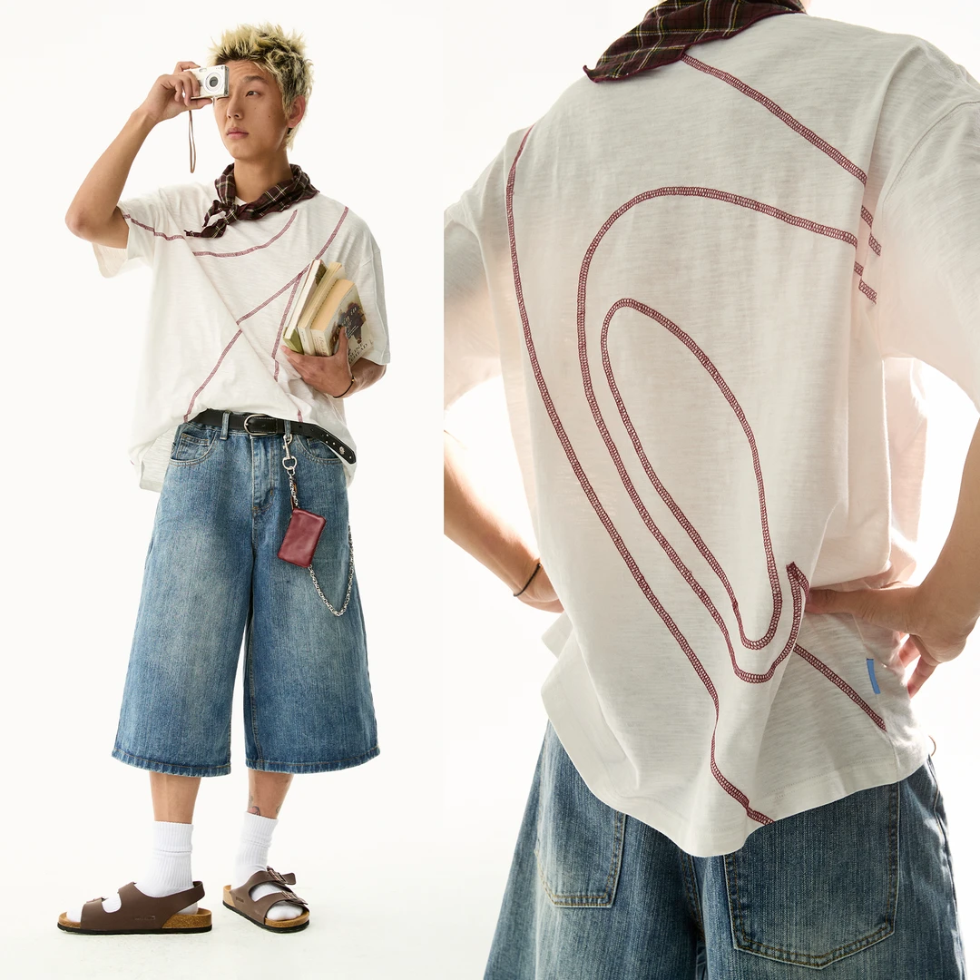 江南先生运动轨迹轻薄三针五线T恤美式复古哈苏线时尚短袖JN52Y04