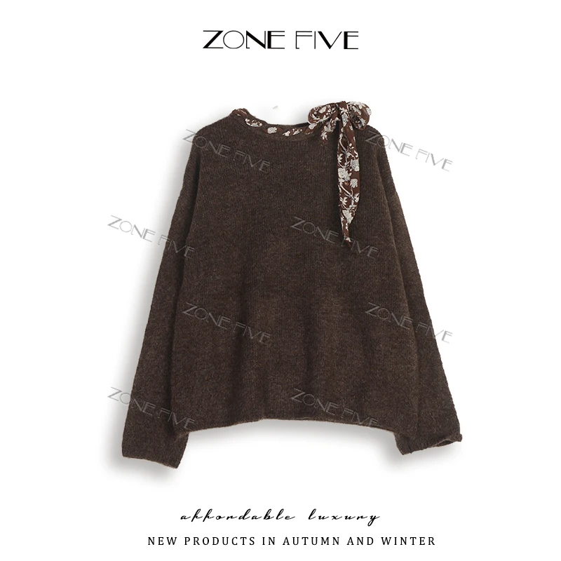 【zonefive】新款秋季带丝巾针织时尚毛衫圆领毛衣女气质2025