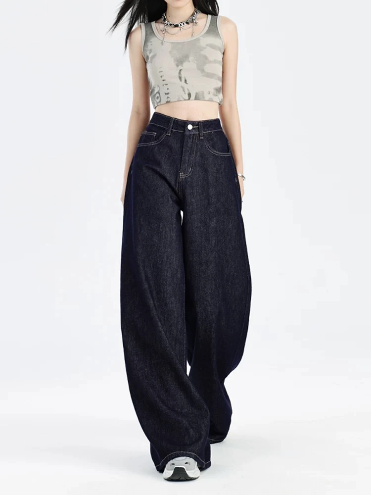 高腰深蓝色阔腿牛仔裤宽松显瘦丹宁蓝拖地裤