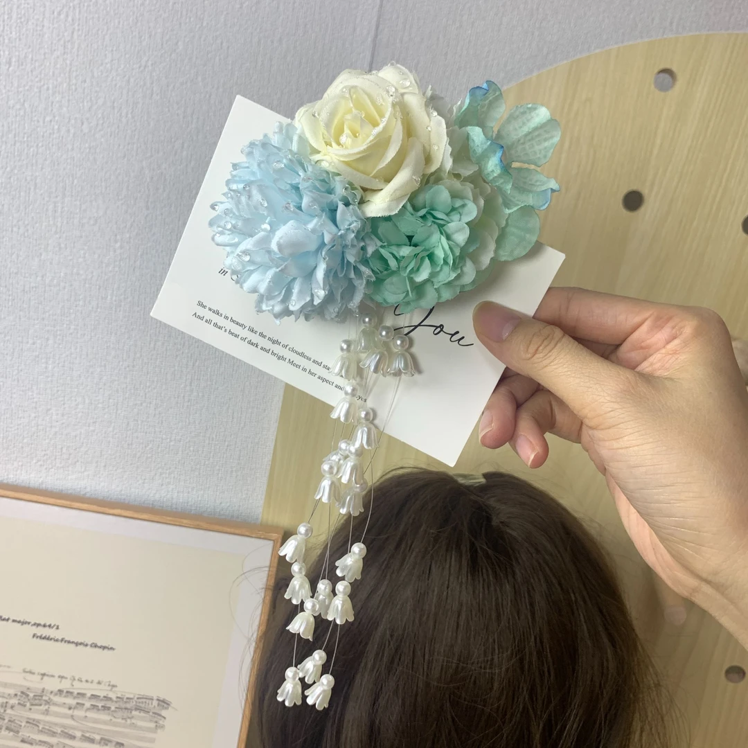 原创森系超仙薄荷绿色花朵流苏铃兰花发夹百搭发饰鸭嘴夹氛围感