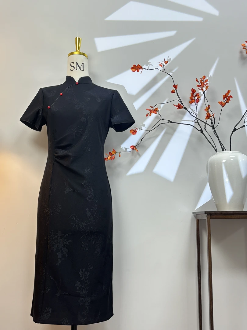夏季新款中长款旗袍 气质时尚日常修身显瘦黑色优雅国风连衣裙