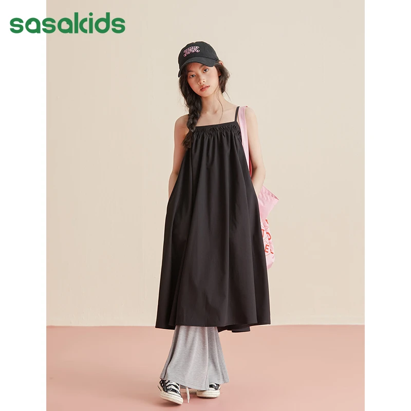 sasakids肤感抗皱棉浪漫少女木耳边吊带连衣裙（简单的浪漫）