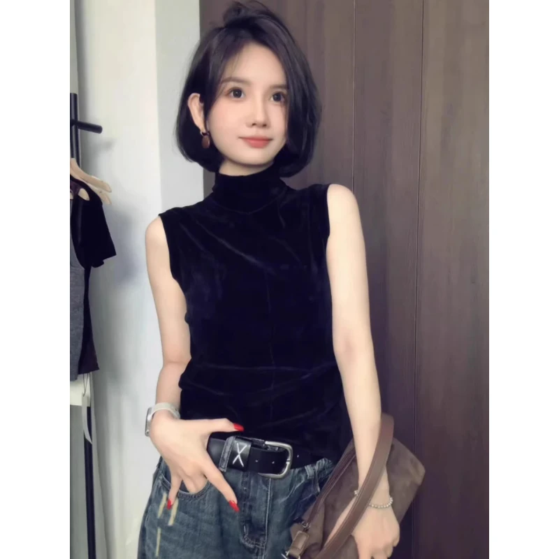 芯娇晴半高领无袖丝绒T恤打底衫女2025秋季新款时尚内搭修身上衣