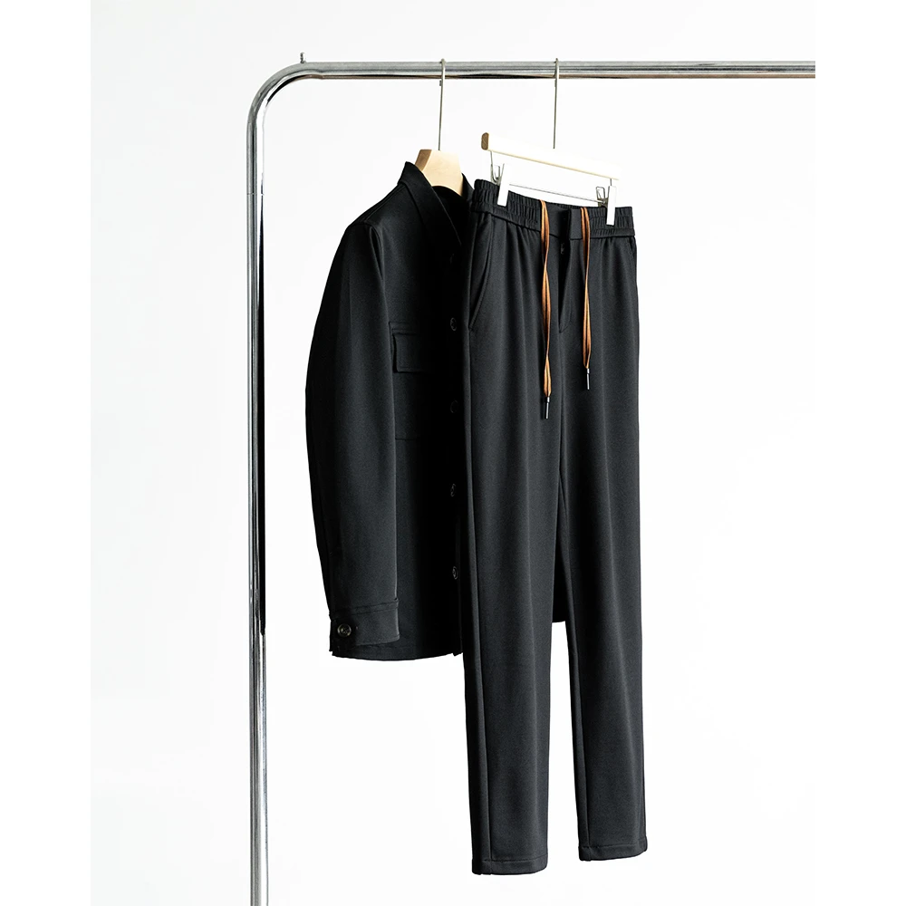 600G厚款斜纹绵羊毛混纺 松紧腰撞色抽绳直筒休闲长裤DYP011019KA