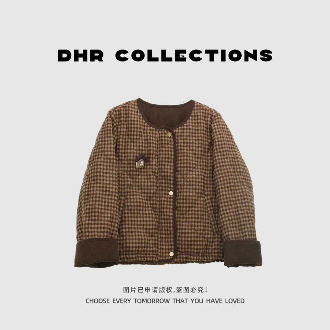 豆豆9【小房子】羊毛冬季加厚棉服女保暖设计感格子外套-25QW126