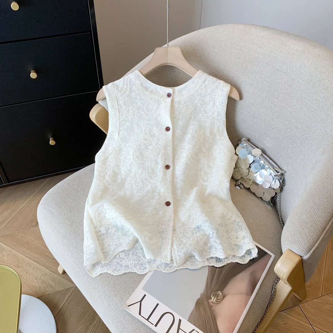 气质法式高级感提花圆领无袖蕾丝马甲单排扣显瘦小众百搭名媛上衣