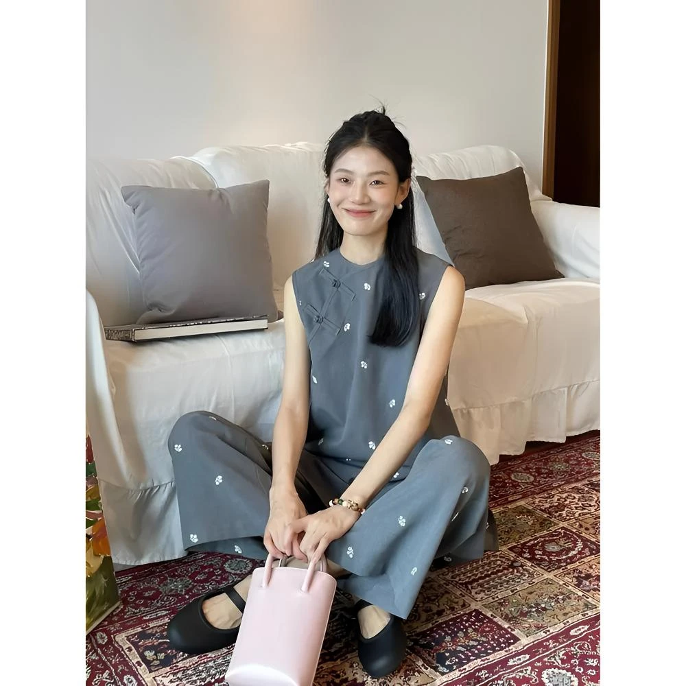 夏季梅花盘扣马甲上衣阔腿裤新中式国风睡衣女款两件套家居服外穿