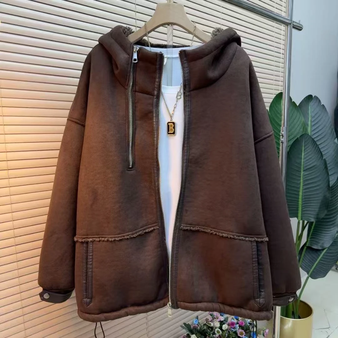 胖mm欧货时尚气质显瘦韩版法式简约9916加绒潮流连帽保暖棉服