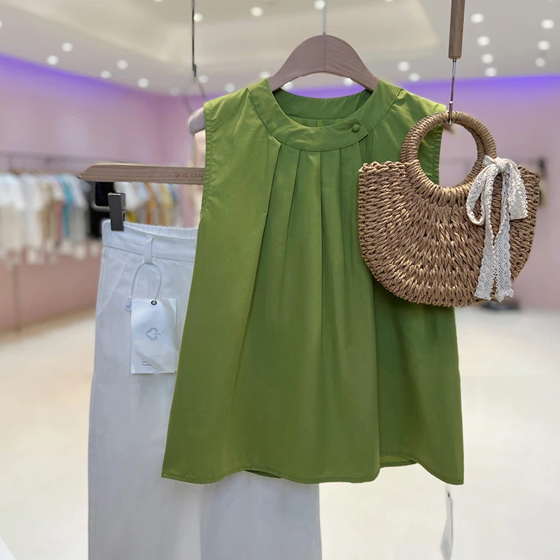 绿色宽松显瘦小衫气质时尚圆领显白t恤女设计感百搭洋气上衣夏季