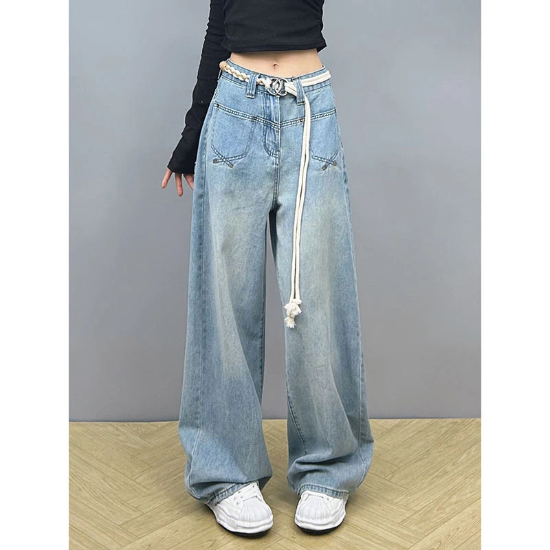 口袋设计感浅蓝色阔腿牛仔裤女2025新款垂感直筒裤高腰显瘦拖地裤