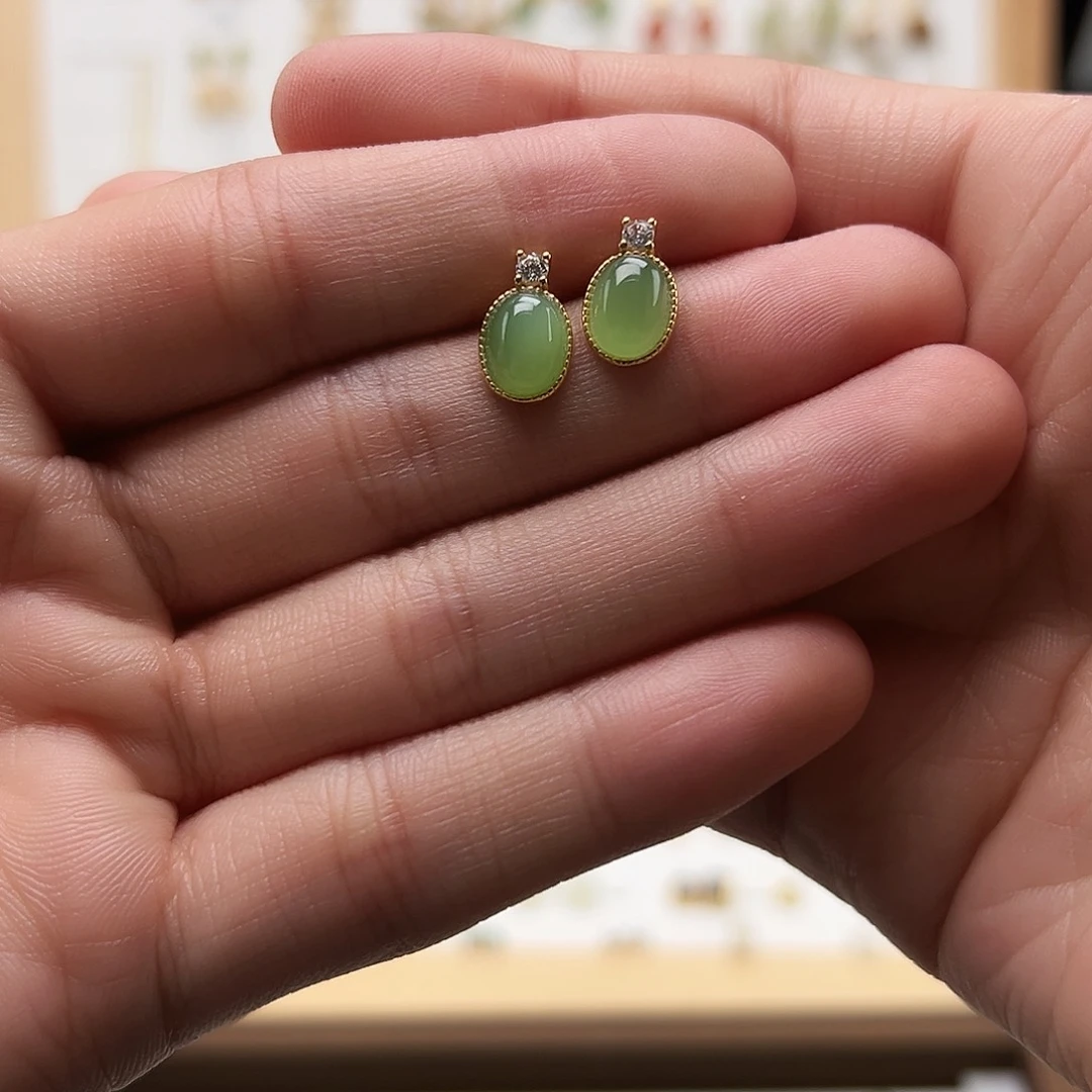 银S925镀金镶嵌和田玉耳饰