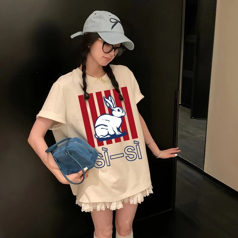 240克大白兔夏季韩版休闲t潮牌纯棉短袖上衣圆领百搭情侣装半袖衫
