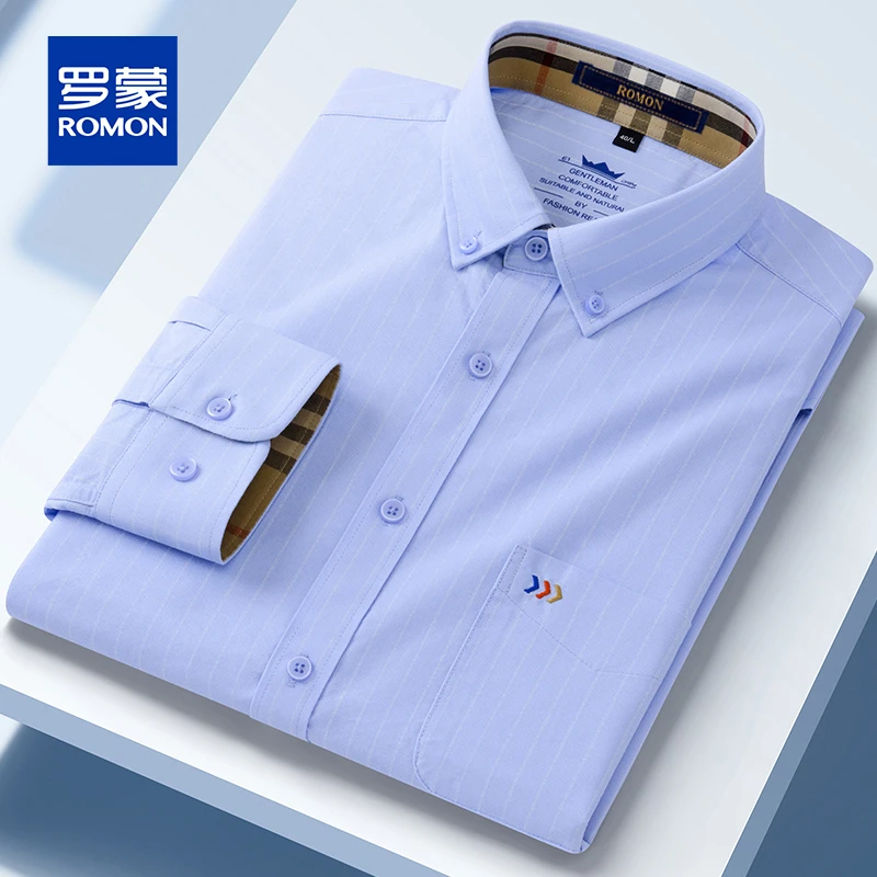 罗蒙100%纯棉长袖衬衫男士商务百搭衬衣韩版潮流全棉牛津纺衬衫男
