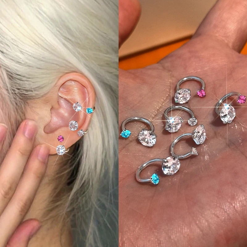 钛钢合成锆石耳饰 超闪双头耳骨钉女高级感2025新款潮马蹄环C型