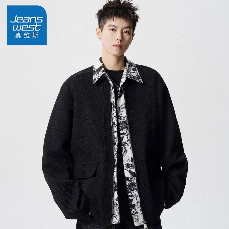 真维斯港风痞帅夹克男士秋冬潮流大码假两件衬衫领青年百搭宽松外