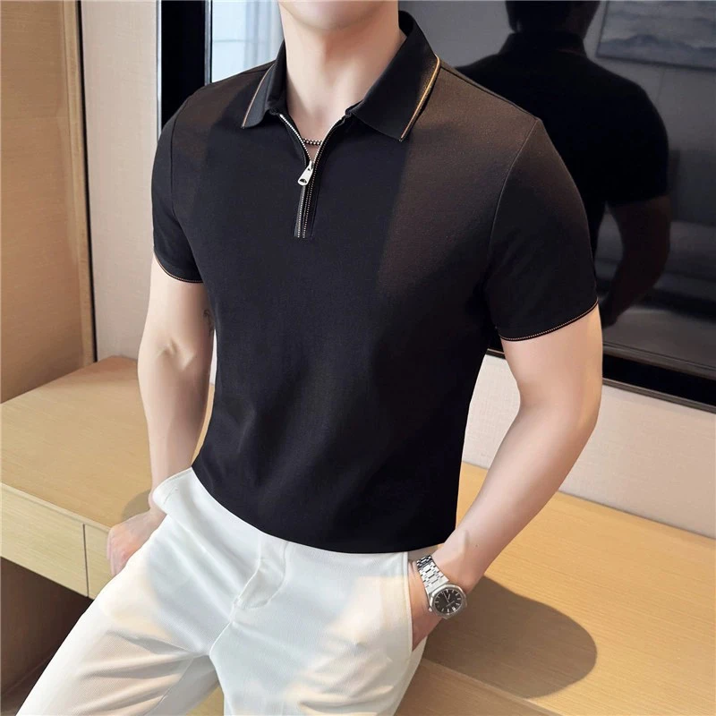 夏季男士冰丝短袖polo衫薄款半拉链时尚翻领百搭T恤弹力休闲上衣