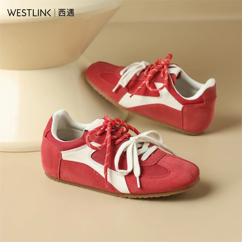 Westlink/西遇红色德训鞋子女款夏天2025新款内增高真皮休闲鞋女