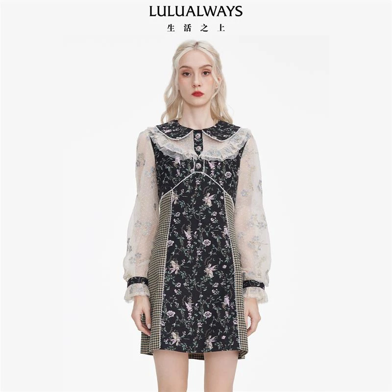 【高高甄选】LULUALWAYS新款印花蕾丝网纱连衣裙LNC5051
