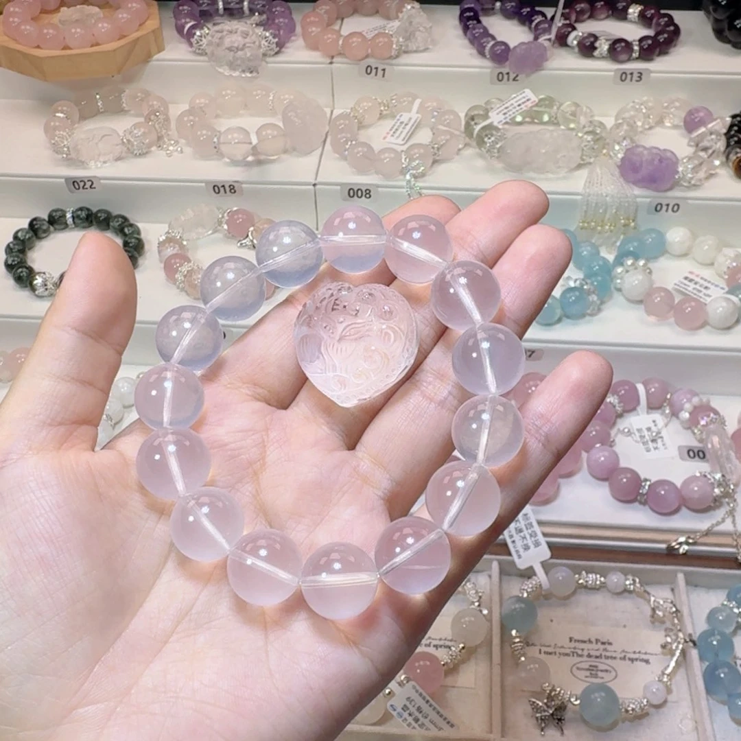 烟晶手链银S925镶嵌爱心狐莫粉