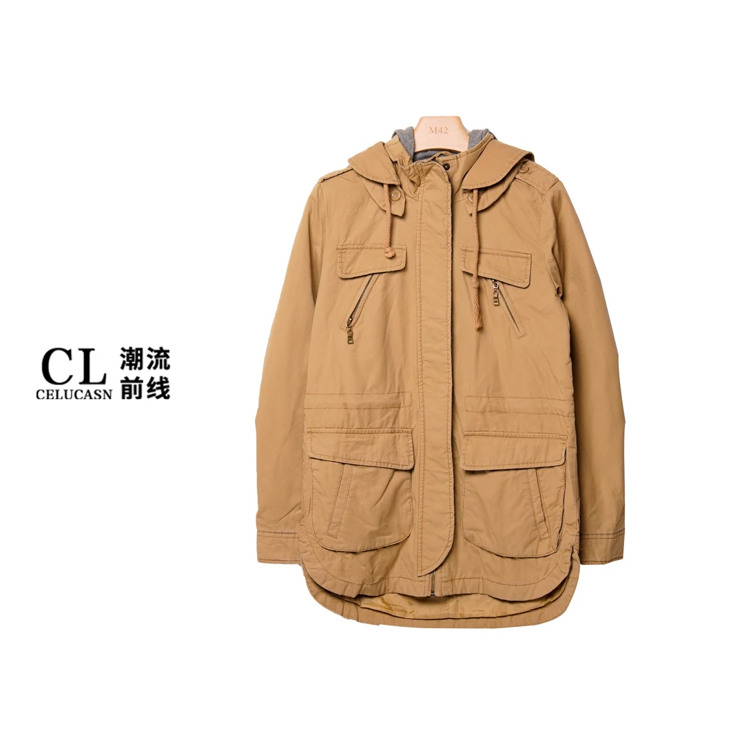 Y4RB70348#美式复古夹棉保暖外套女休闲多口袋工装连帽上衣长袖
