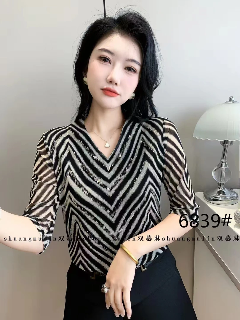 6839时尚洋气V夏季新款修身显瘦中袖纱衣上衣