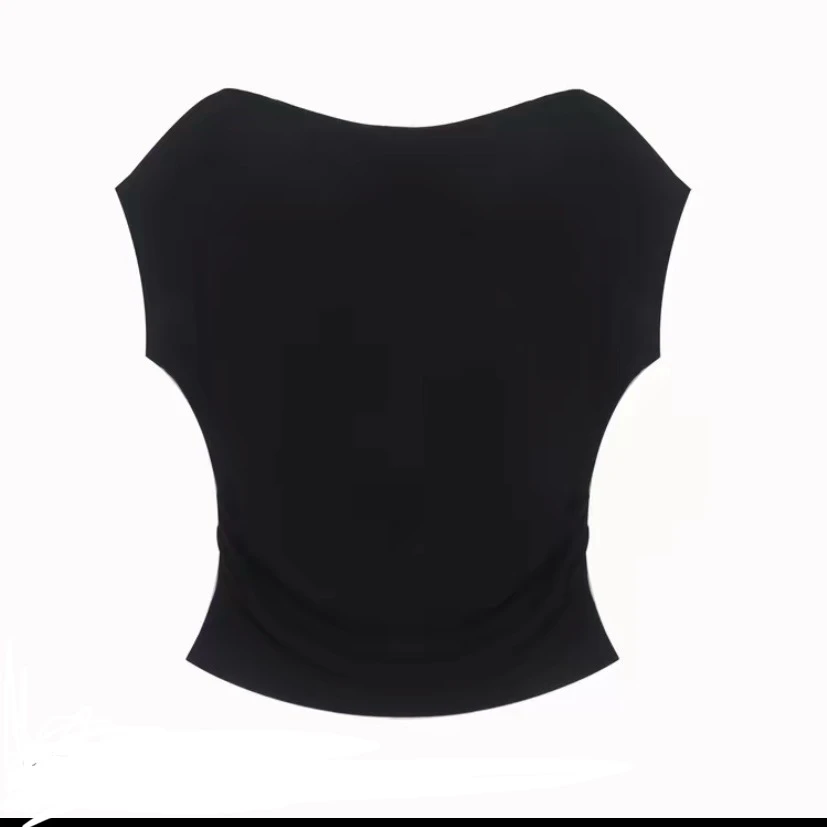 法式气质一字肩短袖女夏2025新款抽褶正肩荡领上衣