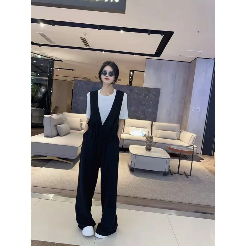 2025新款背带裤套装女两件套洋气减龄高腰显瘦宽松大码阔腿裤5951