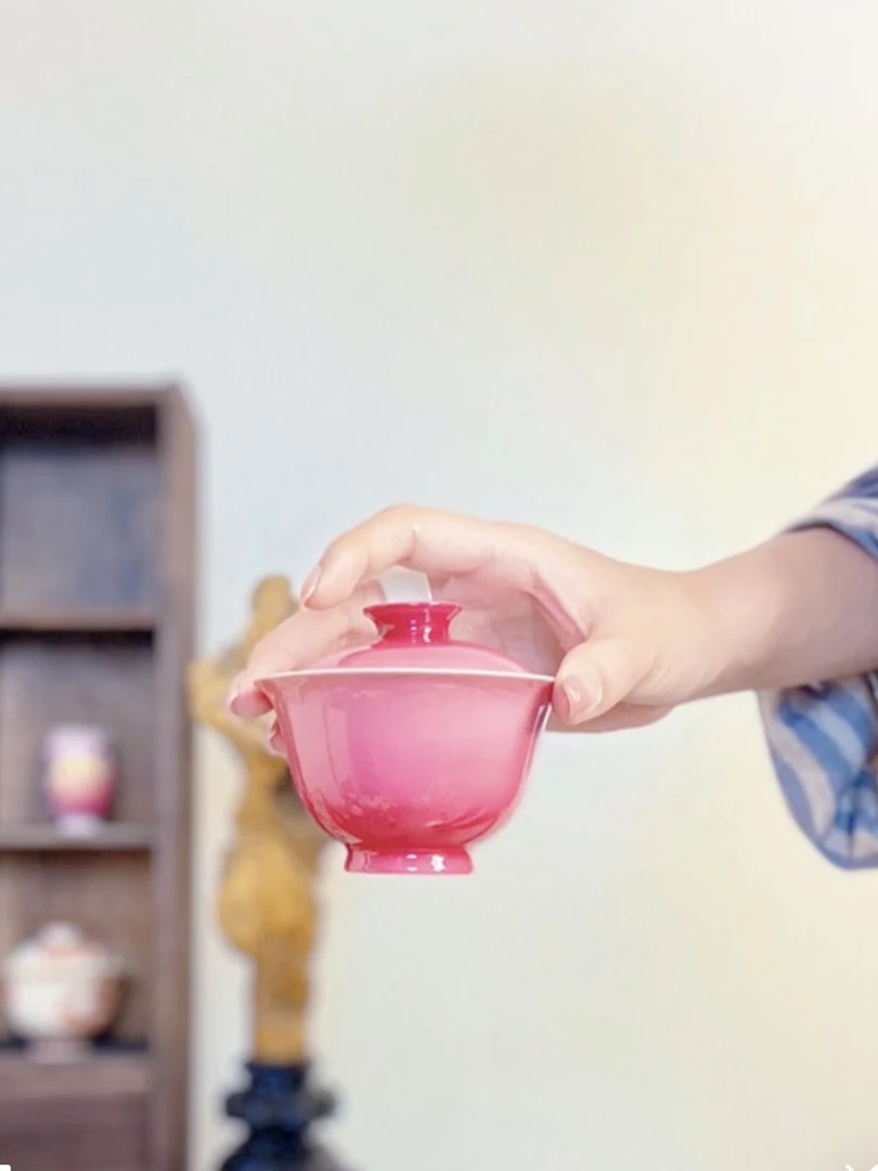 《梦乔茶器》雅圣胭脂红渐变内绘桃子盖碗景德镇手绘粉彩盖碗盘