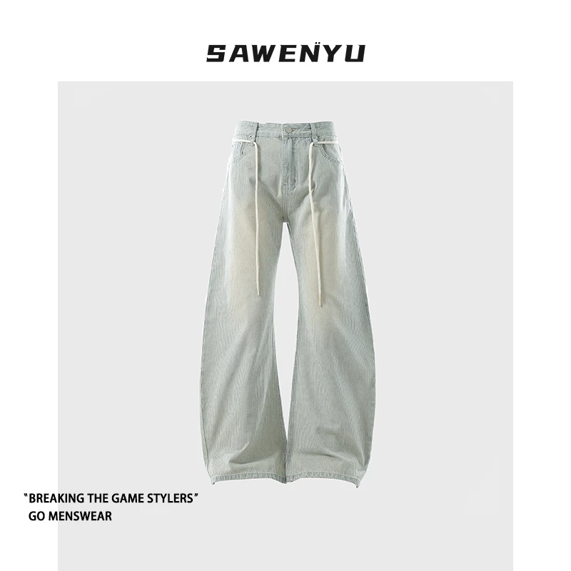 SAWENYU 美式cleanfit弯刀牛仔裤男复古宽松休闲设计感抽绳长裤潮