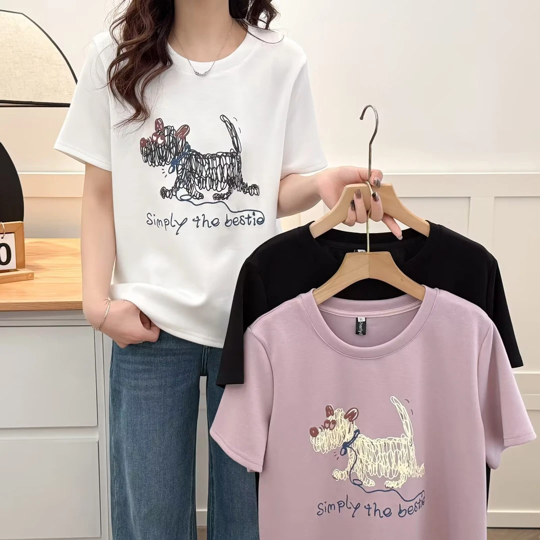 美格加110-200大码女2025新款线条小狗短袖宽松显瘦休闲百搭上衣