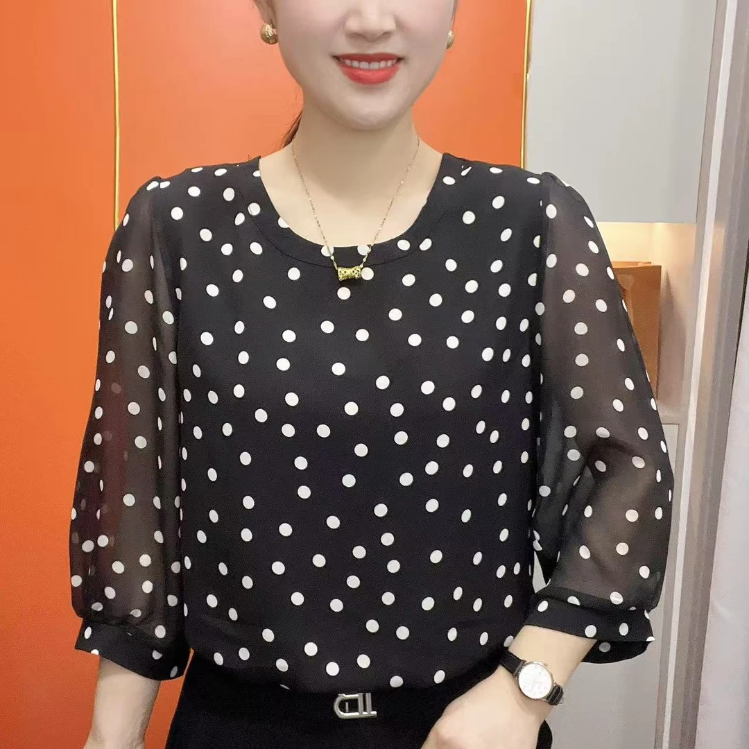2025新款妈妈装时尚百搭宽松休闲洋气圆领7分袖上衣2539