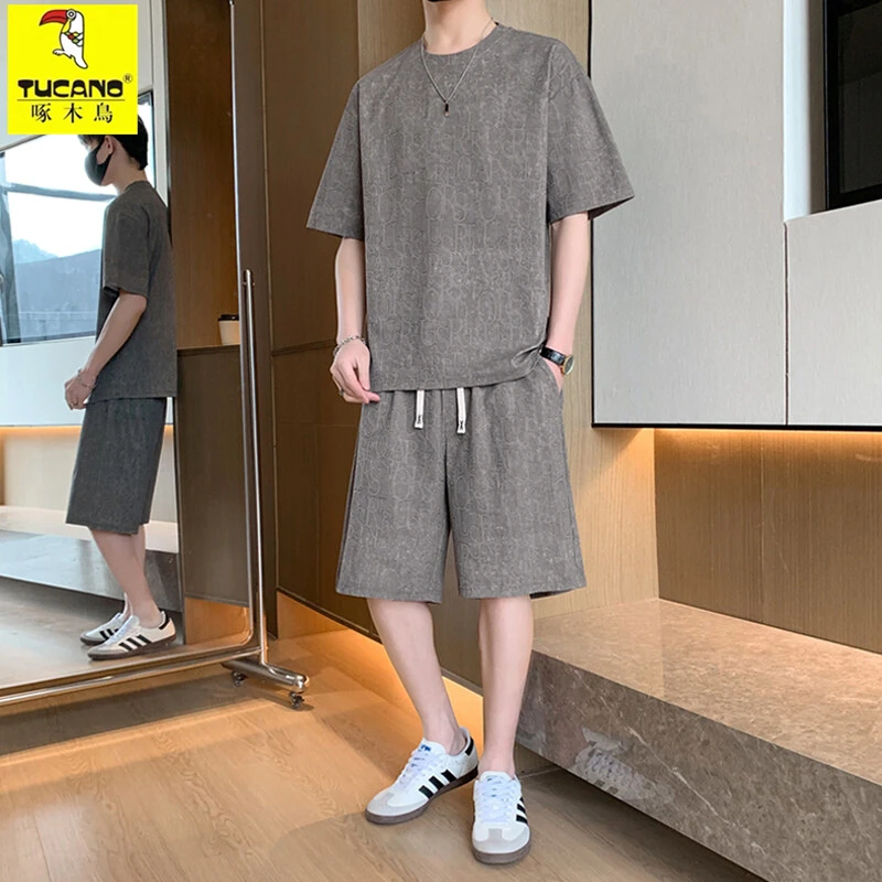TUCANO/啄木鳥夏季冰丝提花两件套男士薄款透气休闲短袖短裤套装