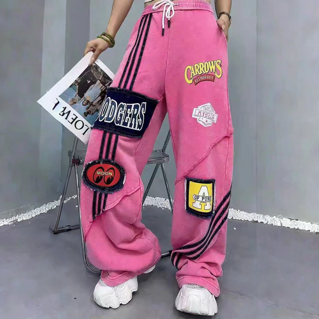 欧货休闲裤女2025秋季新款个性字母贴布洗水做旧阔腿裤潮